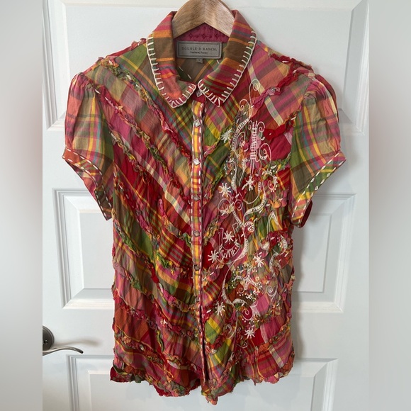 VINTAGE DOUBLE D RANCH Ladies Western Plaid Embroidered Ruffle Top SZ Large - Picture 1 of 6